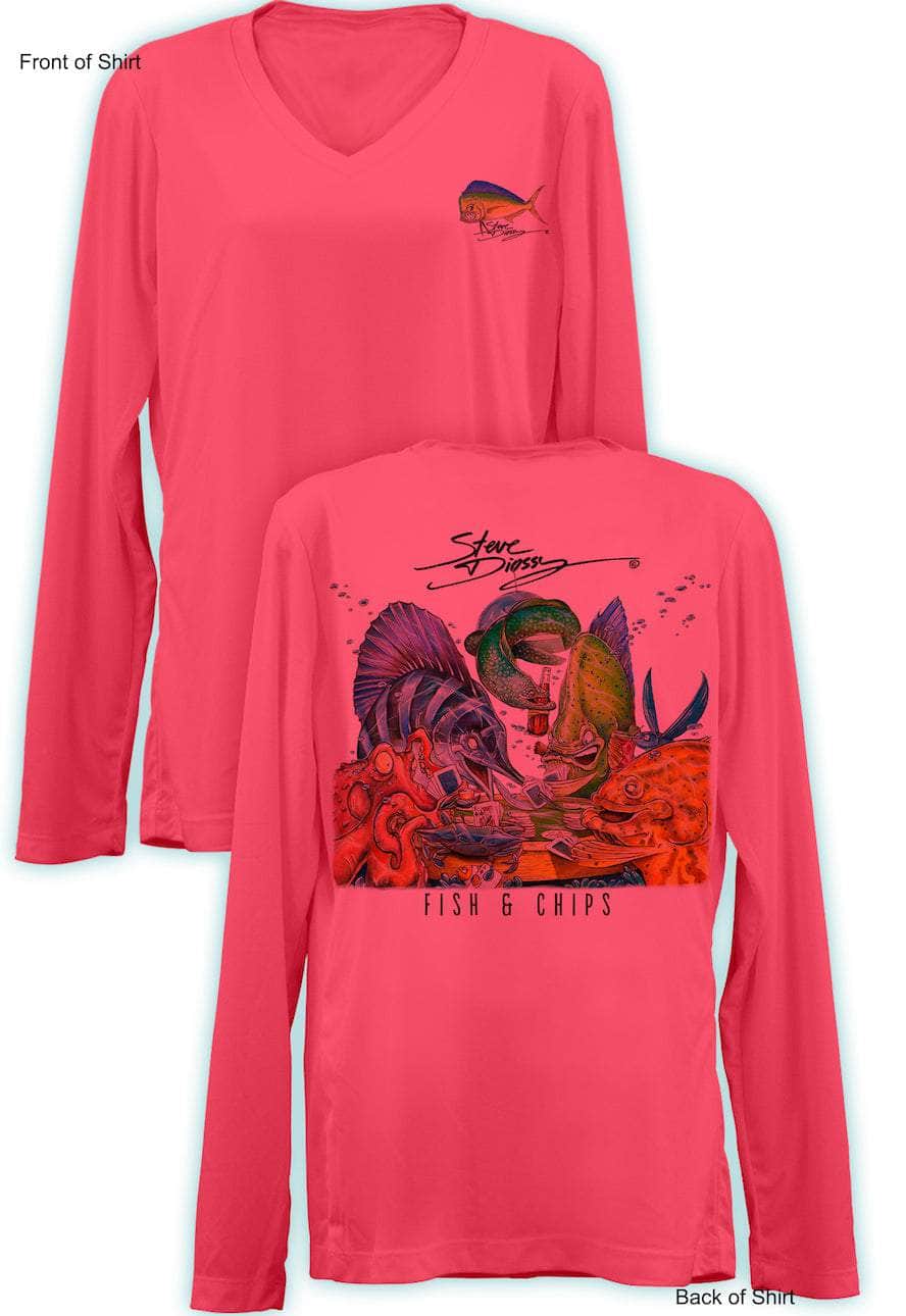 Fish N' Chips- Ladies Long Sleeve V-Neck-100% Polyester